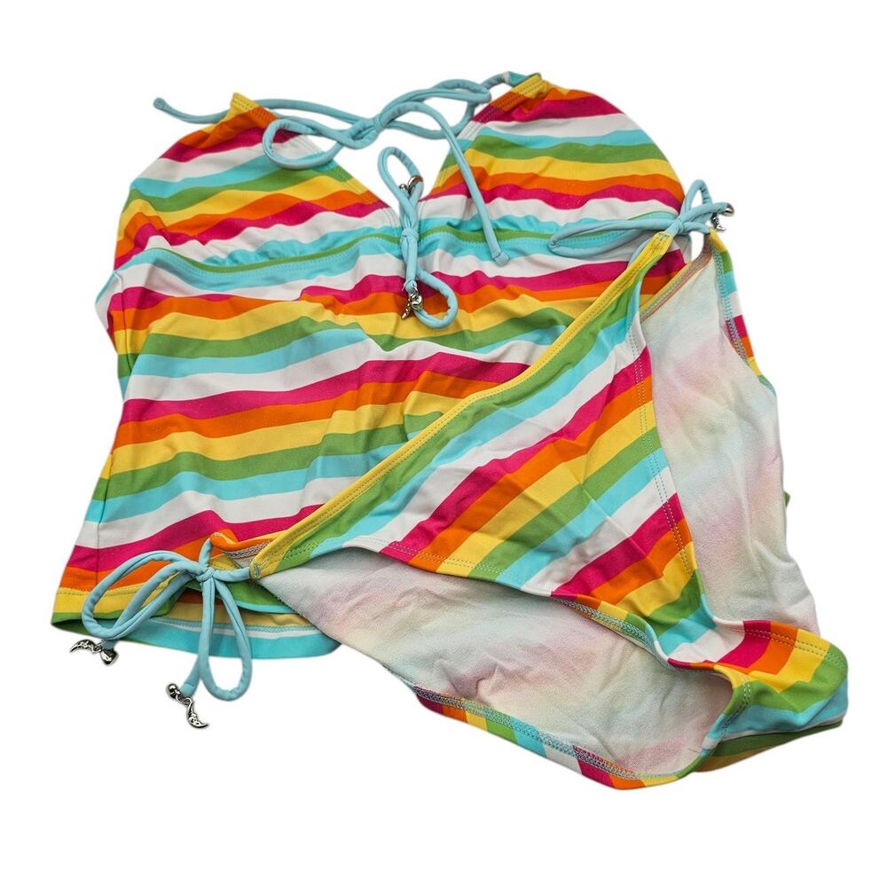 PB Basics Girls Sz 14 Tankini Swimsuit Set Bright Rainbow Striped Bathing Suit
